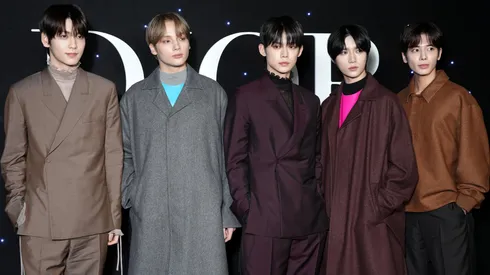 Soobin, HueningKai, Yeonjun, Beomgyu, Taehyun of South Korean boy band TOMORROW X TOGETHER attends the Dior Homme Menswear Fall/Winter 2024-2025 show.