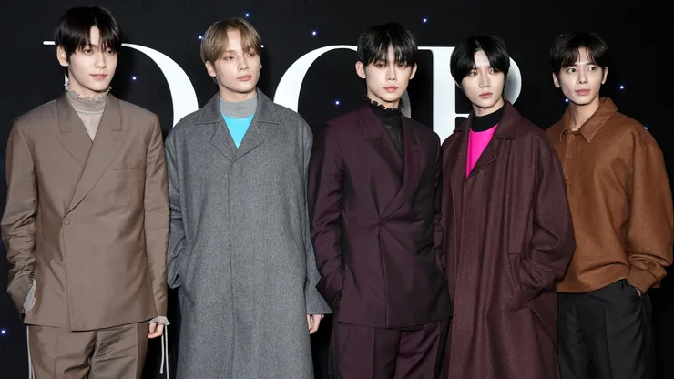 Soobin, HueningKai, Yeonjun, Beomgyu, Taehyun of South Korean boy band TOMORROW X TOGETHER attends the Dior Homme Menswear Fall/Winter 2024-2025 show.