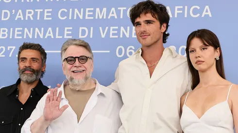 Oscar Isaac, Guillermo del Toro, Jacob Elordi and Mia Goth attends the "Frankenstein" photocall during the 82nd Venice International Film Festival.