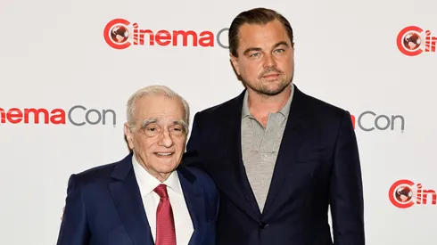 Martin Scorsese and Leonardo DiCaprio pose for photos during "A Conversation with Martin Scorsese" and Legend of Cinema Award Presentation during CinemaCon 2023.