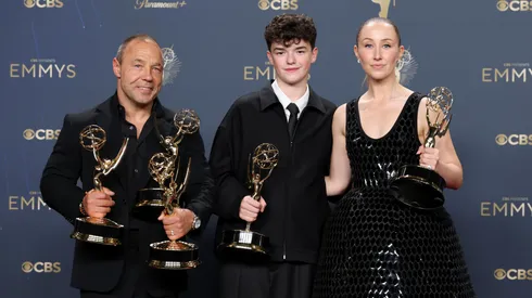 (L-R) Stephen Graham, Owen Cooper, and Erin Doherty, winners of Outstanding Limited or Anthology Series, Lead Actor in a Limited or Anthology Series or Movie, Outstanding Supporting Actor in a Limited or Anthology Series or Movie, Outstanding Supporting Actress in a Limited or Anthology Series or Movie, and Outstanding Writing for a Limited or Anthology Series or Movie for "Adolescence," pose in the press room during the 77th Primetime Emmy Awards at Peacock Theater on September 14, 2025 in Los Angeles, California.