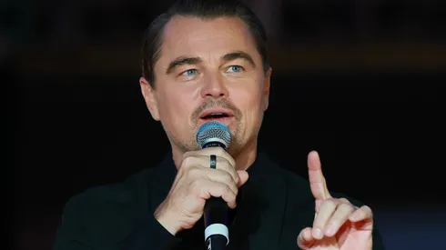 Leonardo DiCaprio speaks during the fan event for the movie 'One Battle After Another' at Plaza Toreo Parque Central.