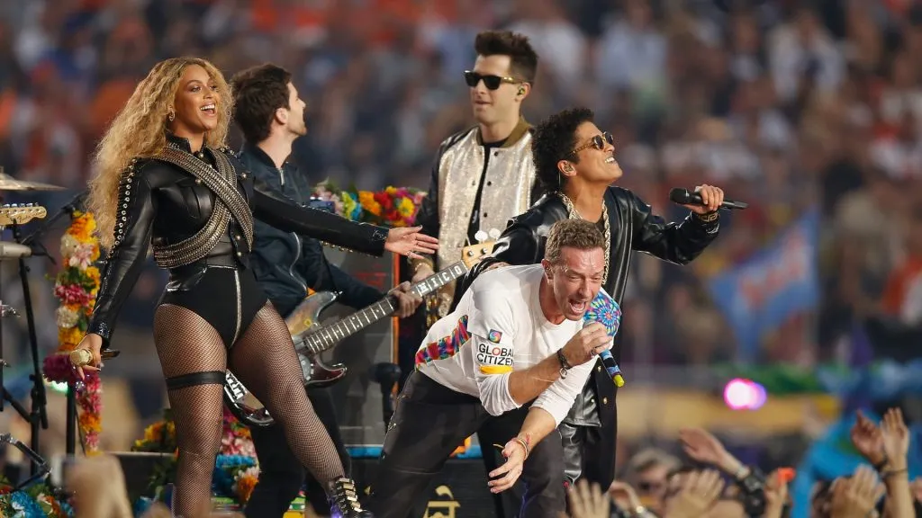 Beyonce, Chris Martin of Coldplay and Bruno Mars perform during Super Bowl 50 at Levi’s Stadium on February 7, 2016 in Santa Clara, California. (Photo by Ezra Shaw/Getty Images)