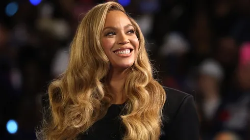 Beyoncé looks on during a campaign rally with Democratic presidential nominee, U.S. Vice President Kamala Harris, at Shell Energy Stadium.