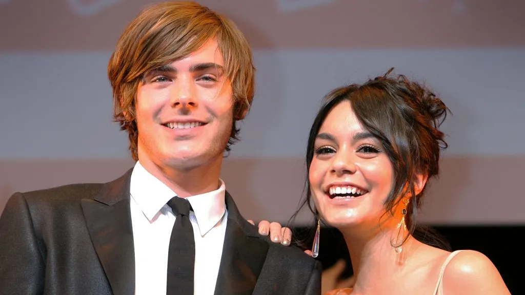 Actor Zac Efron (L) and actress Vanessa Hudgens smile during the ‘High School Musical 3: Senior Year’ Japan Premiere at Shinagawa Stellar Ball on January 28, 2009 in Tokyo, Japan. (Photo by Kiyoshi Ota/Getty Images)