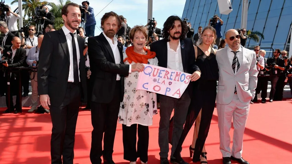 Actors Esteban Bigliardi, Viggo Mortensen, Ghita Norby, Director Lisandro Alonso, actress Viilbjork Malling Agger and screenwriter Fabian Casas attend the “Jauja” Premiere at the 67th Annual Cannes Film Festival on May 18, 2014 in Cannes, France. (Photo by Pascal Le Segretain/Getty Images)