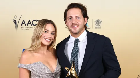  Margot Robbie and Tom Ackerley pose with the AACTA Trailblazer Award during the 2024 AACTA Awards Presented By Foxtel Group at HOTA.
