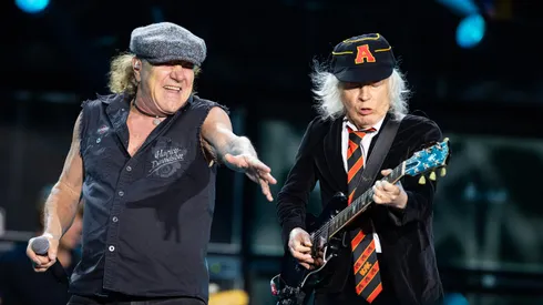 Brian Johnson and Angus Young of AC/DC perform onstage.