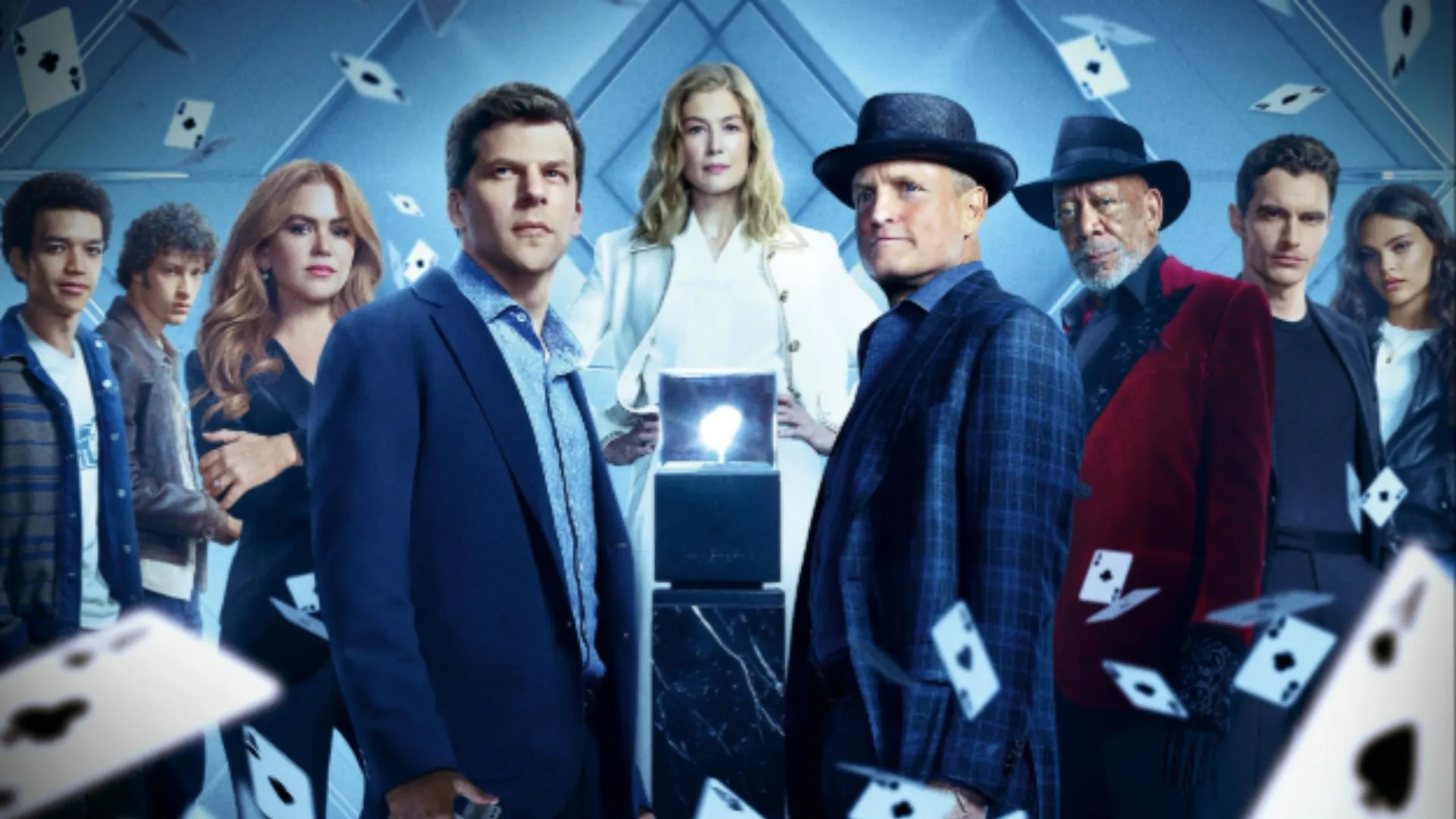 Morgan Freeman, Woody Harrelson, Jesse Eisenberg, Isla Fisher, Rosamund Pike, Dominic Sessa, Dave Franco, Justice Smith, and Ariana Greenblatt in Now You See Me: Now You Don’t (2025)