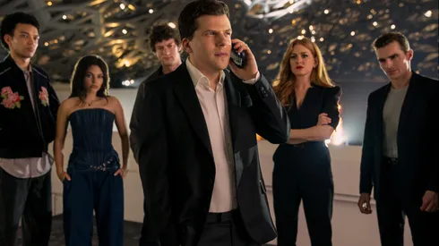 Jesse Eisenberg, Isla Fisher, Dominic Sessa, Dave Franco, Justice Smith and Ariana Greenblatt in Now You See Me: Now You Don't.