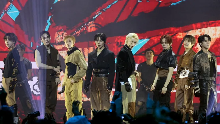 Han, Hyunjin, Bang Chan, I.N, Felix, Lee Know, Seungmin and Changbin of Stray Kids perform onstage during the 2023 MTV Video Music Awards.