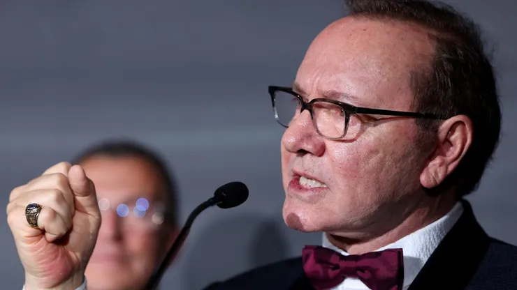 Kevin Spacey speaks on stage during the Better World Fund Gala 2025 at the 78th annual Cannes Film Festival.