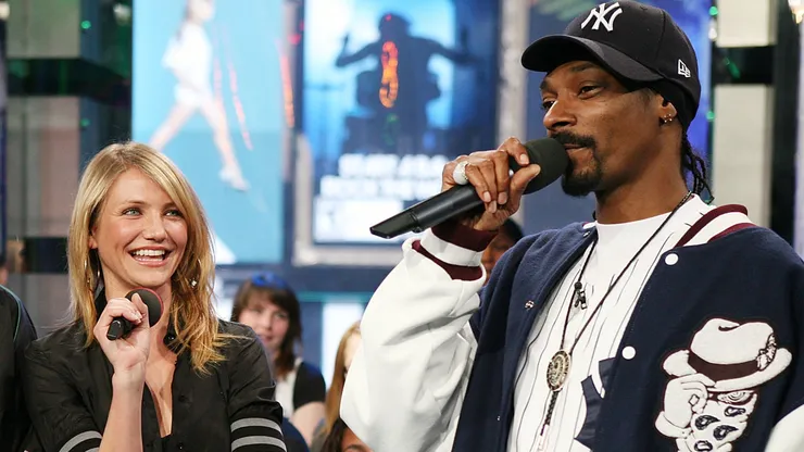 Cameron Diaz and Snoop Dogg appear onstage during MTV's Total Request Live at the MTV Times Square Studios.