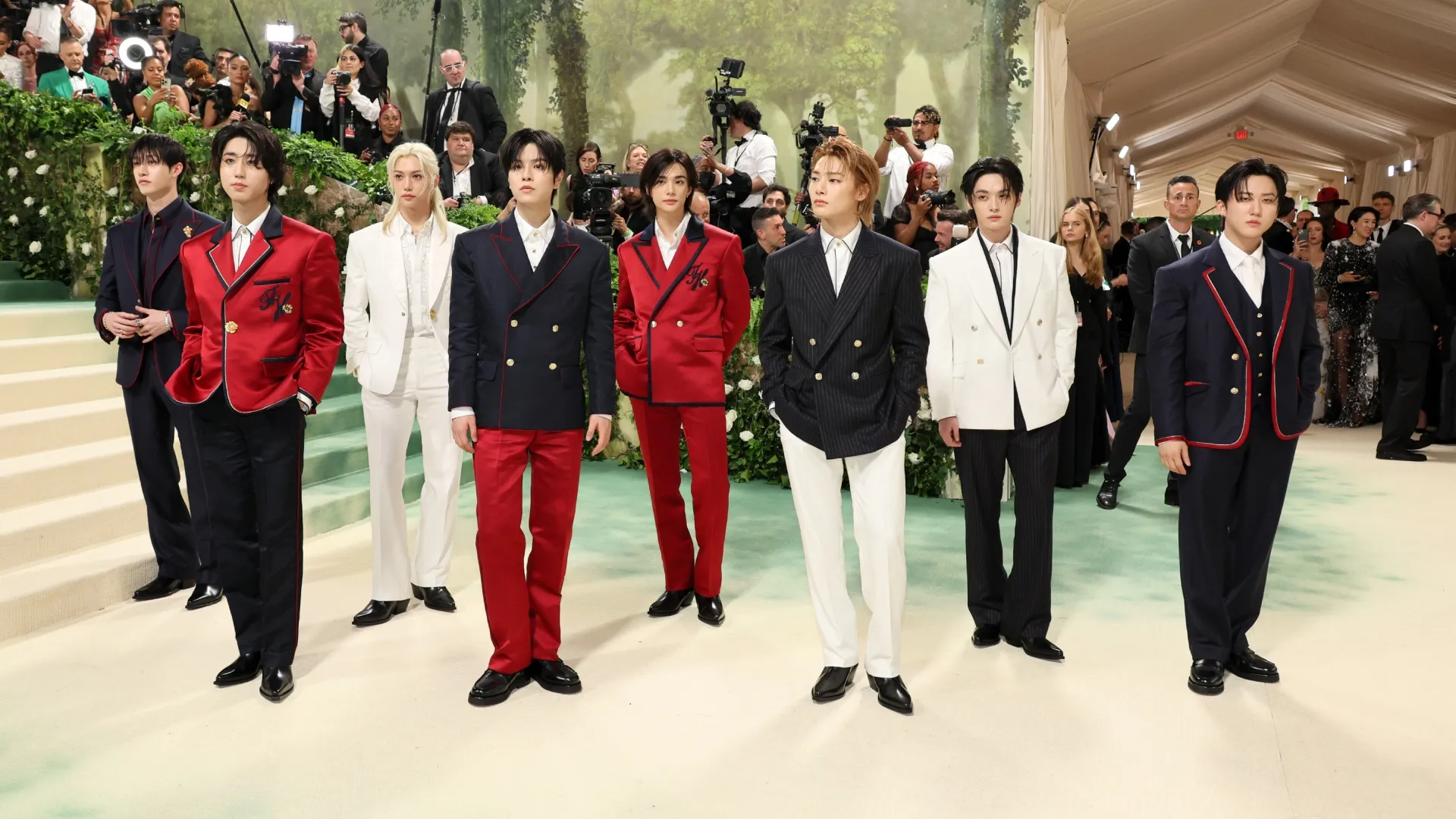 Changbin, Lee Know, I.N, Hyunjin, Seungmin, Felix, Bang Chan and Han of Stray Kids attend The 2024 Met Gala Celebrating “Sleeping Beauties: Reawakening Fashion” at The Metropolitan Museum of Art on May 06, 2024 in New York City. (Photo by Dia Dipasupil/Getty Images)