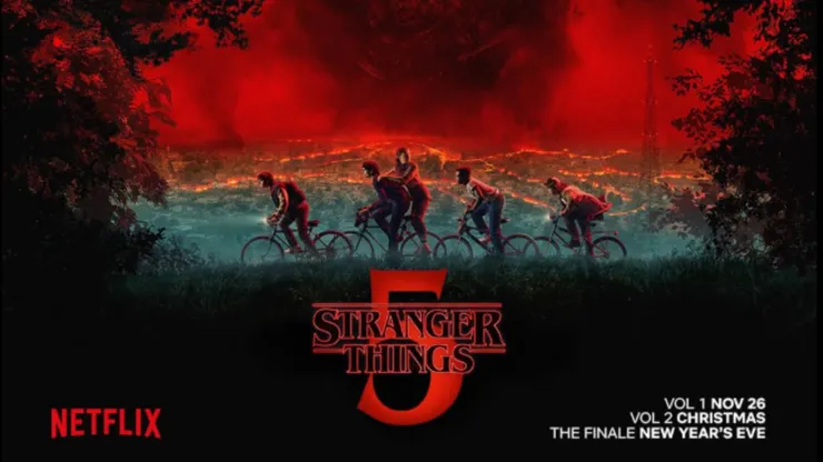 Jamie Campbell Bower, Caleb McLaughlin, Millie Bobby Brown, Finn Wolfhard, Noah Schnapp, and Gaten Matarazzo in Stranger Things