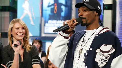 Cameron Diaz and Snoop Dogg appear onstage during MTV's Total Request Live at the MTV Times Square Studios.