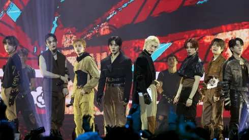 Han, Hyunjin, Bang Chan, I.N, Felix, Lee Know, Seungmin and Changbin of Stray Kids perform onstage during the 2023 MTV Video Music Awards.