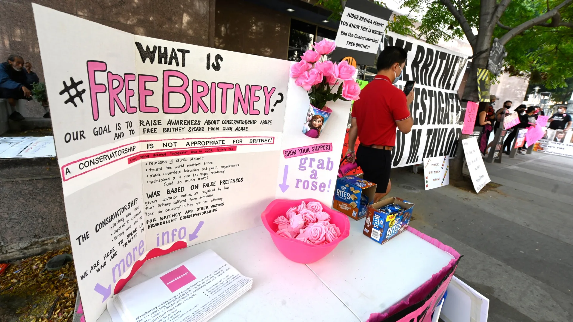 Banners at the Britney Spears #FreeBritney Protest outside Los Angeles Courthouse at Stanley Mosk Courthouse on September 16, 2020 in Los Angeles, California. (Photo by Frazer Harrison/Getty Images)