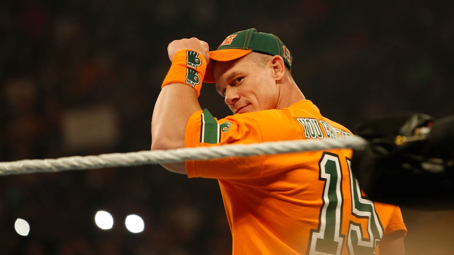John Cena enters the ring at the WWE SummerSlam 2015 at Barclays Center of Brooklyn on August 23, 2015 in New York City. (Photo by JP Yim/Getty Images)