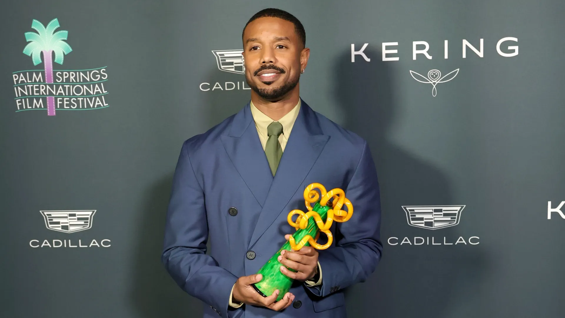 Michael B. Jordan poses with the Icon Award in the press room during the 37th Annual Palm Springs International Film Festival Film Awards at Palm Springs Convention Center on January 03, 2026 in Palm Springs, California. (Photo by Kevin Winter/Getty Images)
