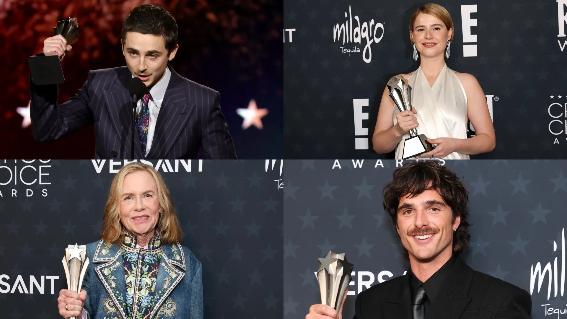 Timothée Chalamet (Photo by Kevin Winter/Getty Images) // Jessie Buckley (Photo by Frazer Harrison/Getty Images) // Amy Madigan (Photo by Amy Sussman/Getty Images) // Jacob Elordi (Photo by Amy Sussman/Getty Images)