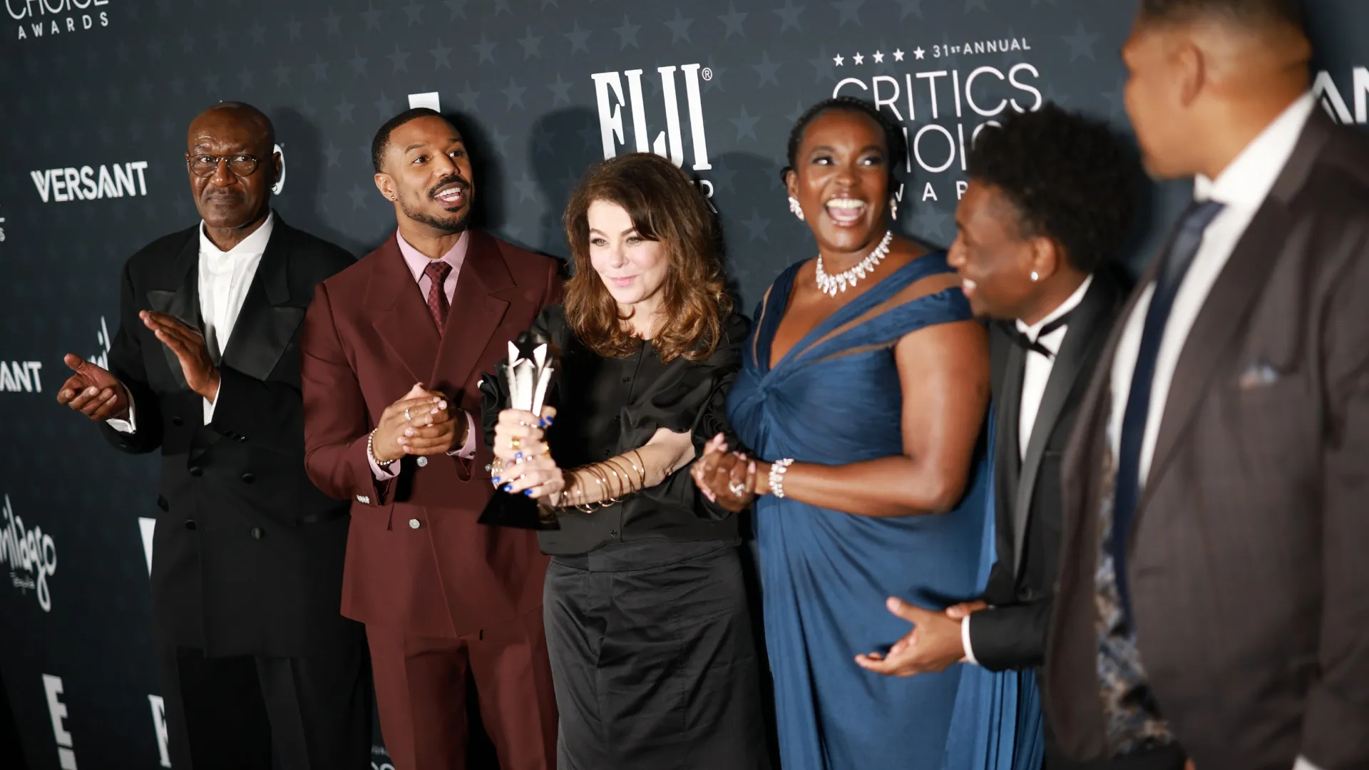 (L-R) Delroy Lindo, Michael B. Jordan, Francine Maisler, Wunmi Mosaku, Miles Caton and Omar Benson Miller, winners of the Best Casting and Ensemble Award for “Sinners,” attend the 31st Annual Critics Choice Awards at Barker Hangar on January 04, 2026 in Santa Monica, California. (Photo by Matt Winkelmeyer/Getty Images for Critics Choice Association)