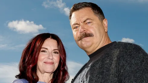 Megan Mullally and Nick Offerman pose for a photograph following a press conference at Pier One Sydney Harbour.