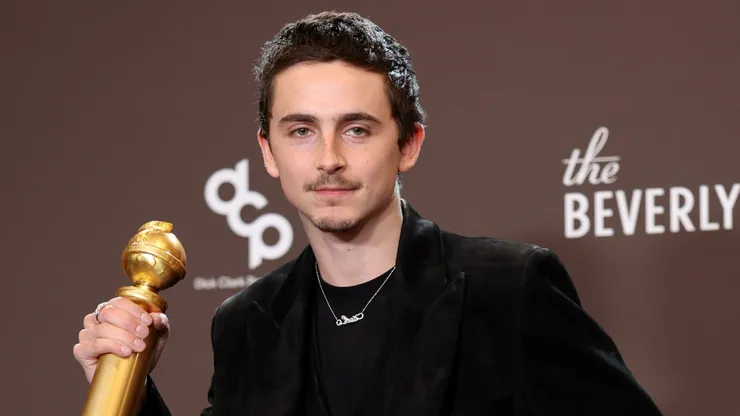 Timothée Chalamet, winner of the Best Performance by a Male Actor in a Motion Picture – Musical or Comedy Award for "Marty Supreme" poses in the press room during the 83rd Annual Golden Globe Awards.