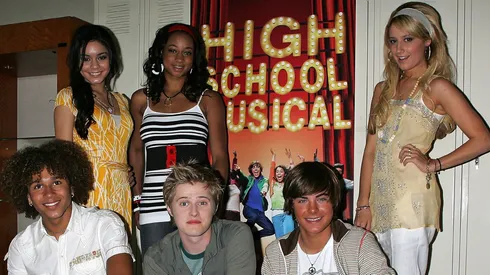 Actresses Vanessa Anne Hudgens, Monique Coleman and Ashley Tisdale, (L-R, kneeling) and actors Corbin Bleu, Lucas Grabeel and Zac Efron. 
