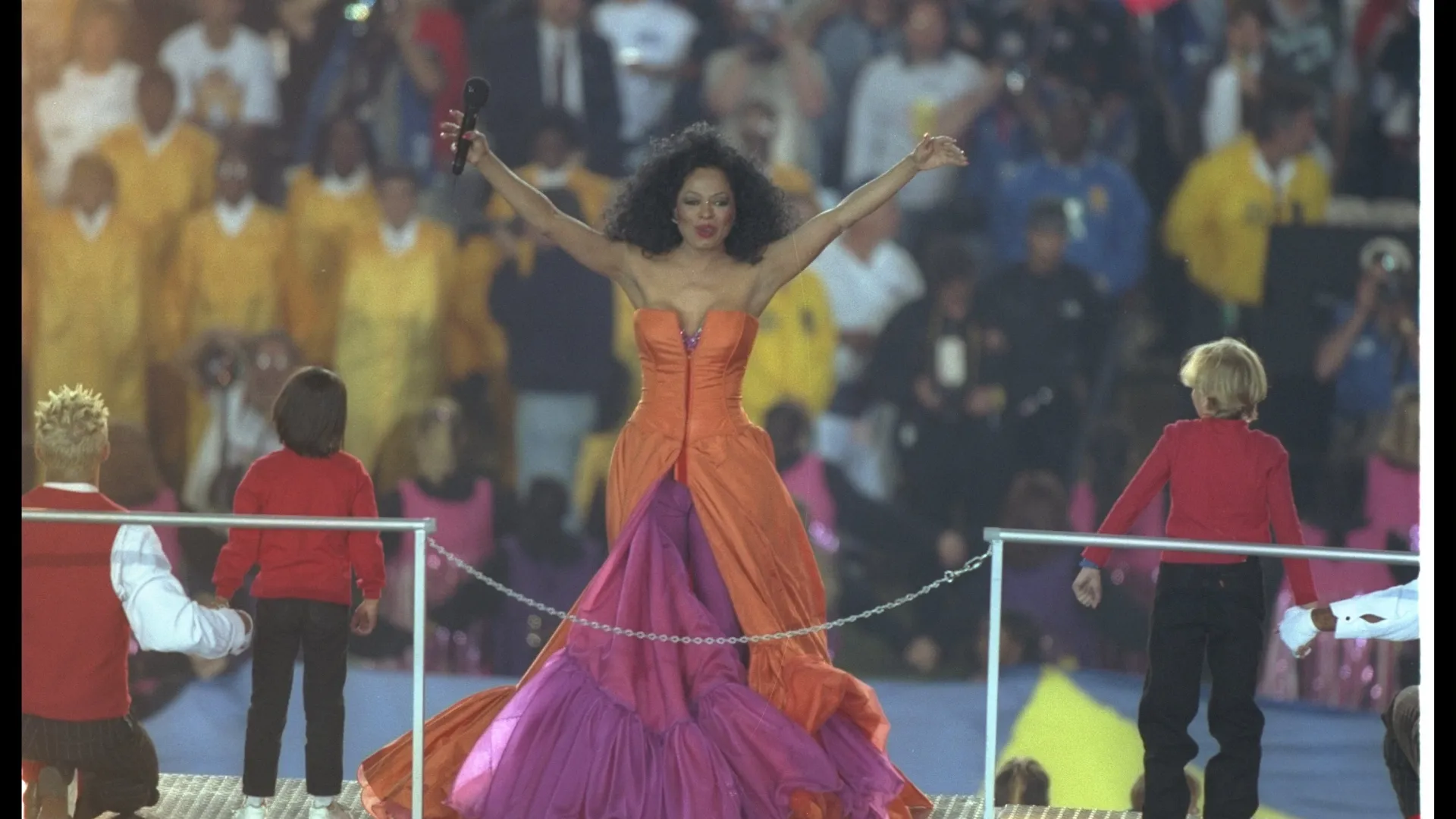 Diana Ross performs at the halftime show during Super Bowl XXX between the Dallas Cowboys and Pittsburgh Steelers at Sun Devil Stadium in Tempe, Arizona. The Cowboys won the game 27 – 17. Mandatory Credit: Al Bello /Allsport