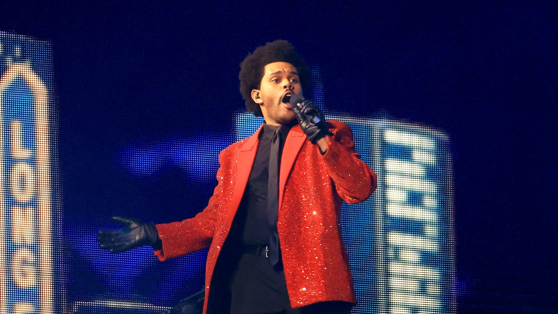 The Weeknd performs during the Pepsi Super Bowl LV Halftime Show at Raymond James Stadium on February 07, 2021 in Tampa, Florida. (Photo by Mike Ehrmann/Getty Images)