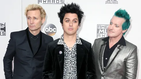 Musicians Mike Dirnt, Billie Joe Armstrong and Tré Cool of Green Day attends the 2016 American Music Awards at Microsoft Theater.