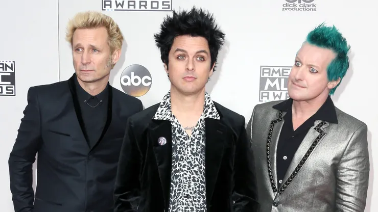 Musicians Mike Dirnt, Billie Joe Armstrong and Tré Cool of Green Day attends the 2016 American Music Awards at Microsoft Theater.
