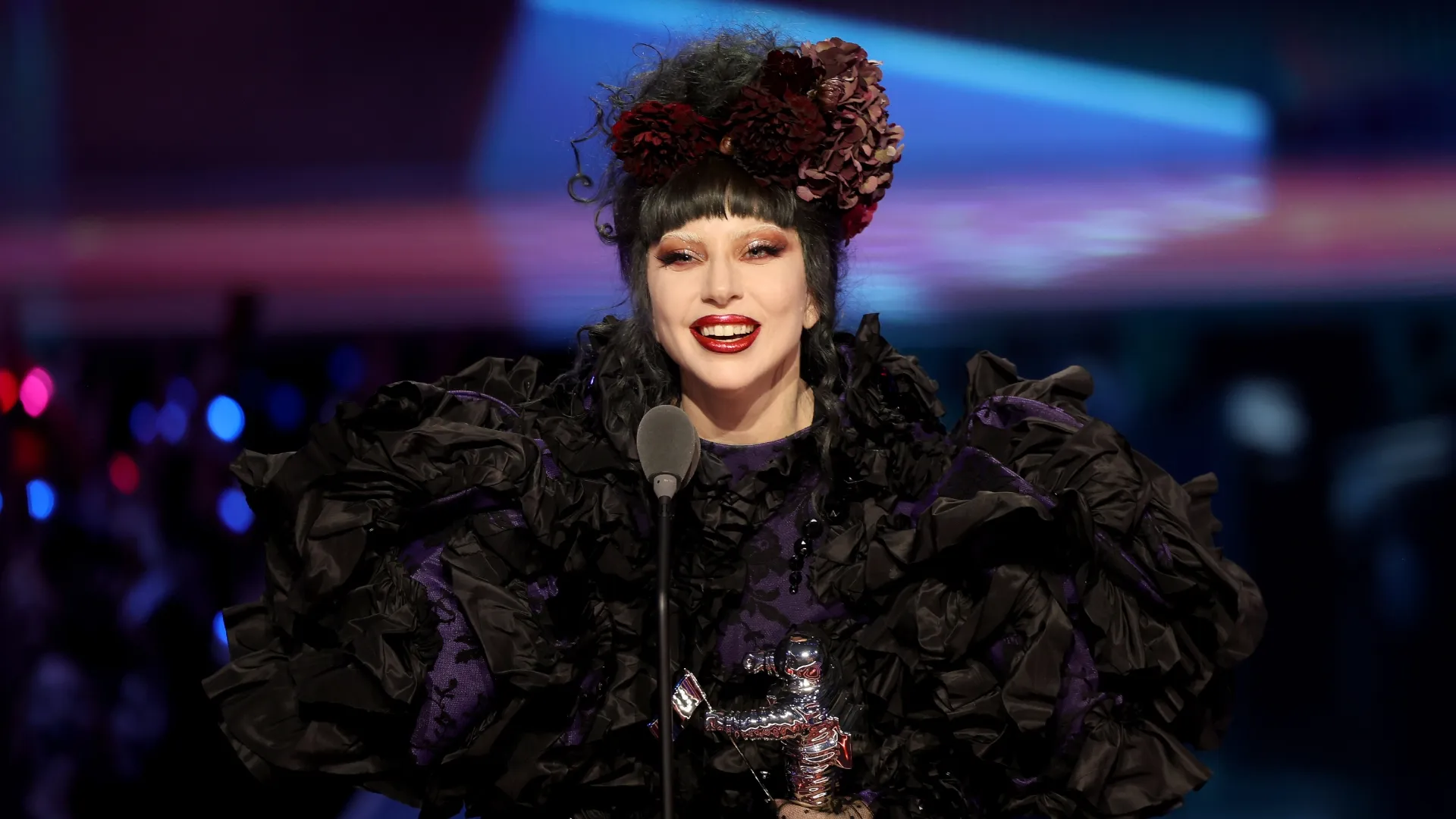 Lady Gaga accepts the “Artist of the Year” award onstage during the 2025 MTV Video Music Awards (Source: Manny Carabel/Getty Images for MTV)