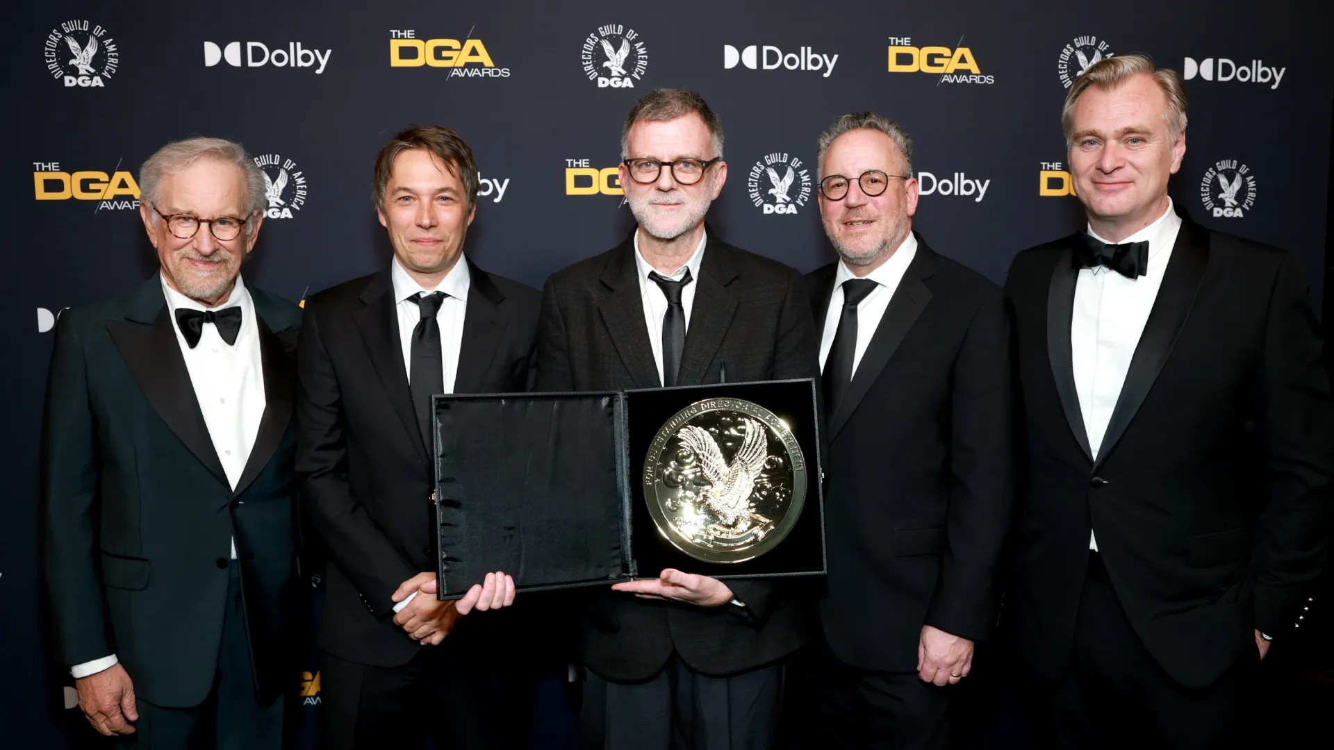 Steven Spielberg, Sean Baker, Paul Thomas Anderson, winner of the Outstanding Directorial Achievement in Theatrical Feature Film for “One Battle After Another,” Russell Hollander, National Executive Director, Directors Guild of America, and Christopher Nolan, President, Directors Guild of America, pose in the press room during the 78th Annual Directors Guild Of America Awards at The Beverly Hilton on February 07, 2026 in Beverly Hills, California. (Photo by Matt Winkelmeyer/Getty Images for DGA)