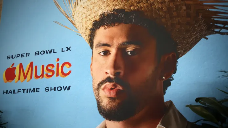 An advertisement for the Super Bowl LX Halftime show featuring Bad Bunny is seen in the Super Bowl LX Media Center at the Moscone Center on February 04, 2026 in San Francisco, California.