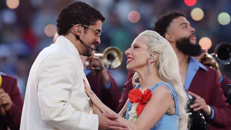 Bad Bunny and Lady Gaga perform onstage during the Apple Music Super Bowl LX Halftime Show.