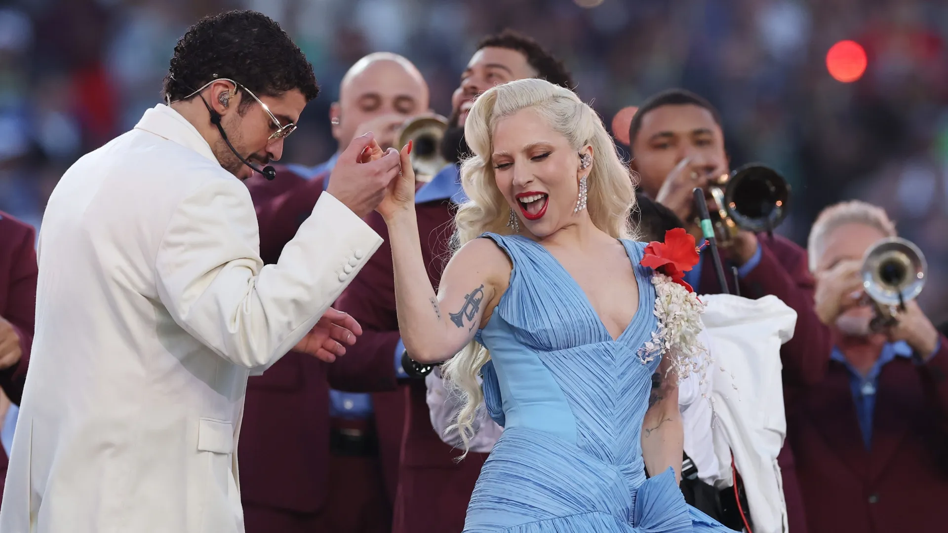 Bad Bunny and Lady Gaga perform onstage during the Apple Music Super Bowl LX Halftime Show (Source: Kevin C. Cox/Getty Images)