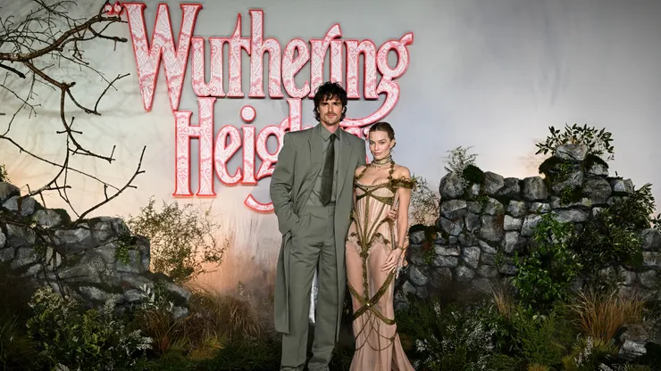 Jacob Elordi and Margot Robbie attends the UK Premiere of "Wuthering Heights" at Odeon Luxe Leicester Square on February 05, 2026 in London, England.