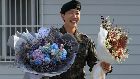 J-Hope of BTS reacts after being discharged from military service at the army's 36th Infantry Division.