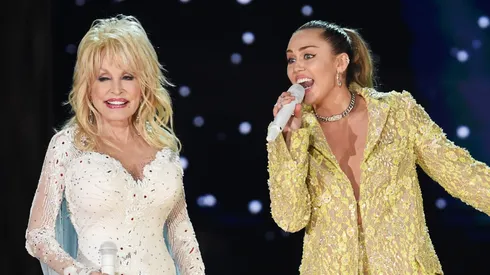 Dolly Parton (L) and Miley Cyrus perform onstage during the 61st Annual GRAMMY Awards at Staples Center.