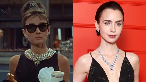 Audrey Hepburn in Breakfast at Tiffany’s and Lilly Collins in 2025.