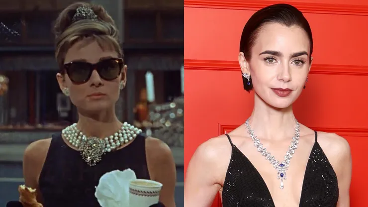 Audrey Hepburn in Breakfast at Tiffany’s and Lilly Collins in 2025.