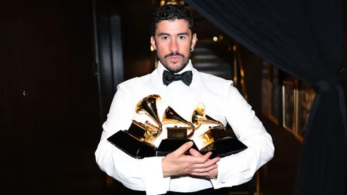Bad Bunny poses with the Album of the Year, Best Música Urbana Album, and Best Global Music Performance Awards during the 68th GRAMMY Awards at Crypto.com Arena on February 01, 2026 in Los Angeles, California.