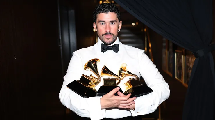 Bad Bunny poses with the Album of the Year, Best Música Urbana Album, and Best Global Music Performance Awards during the 68th GRAMMY Awards at Crypto.com Arena on February 01, 2026 in Los Angeles, California.