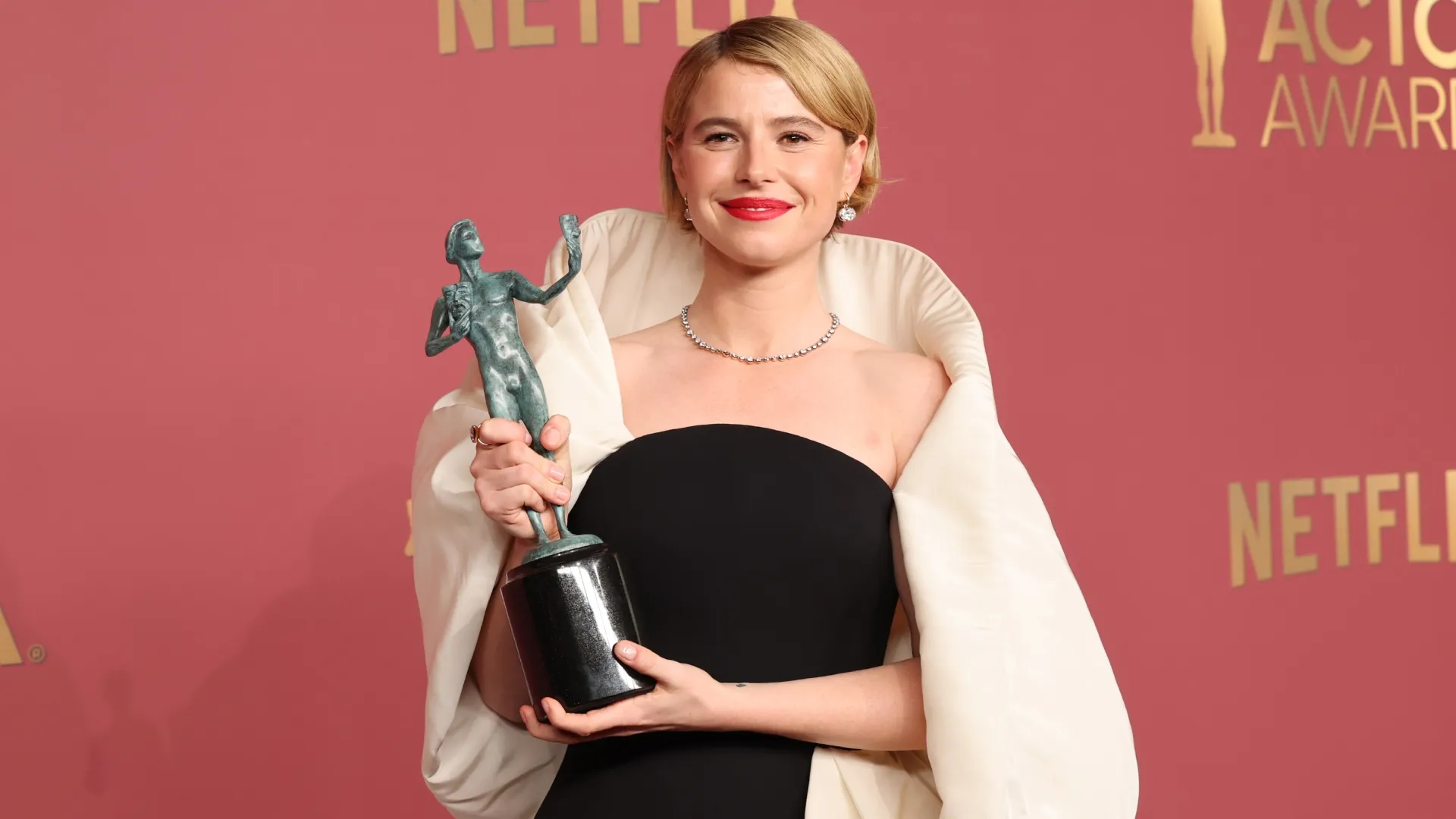 Jessie Buckley, winner of the Outstanding Performance by a Female Actor in a Leading Role award for “Hamnet,” poses in the press room during the 32nd Annual Actor Awards at Shrine Auditorium and Expo Hall on March 01, 2026 in Los Angeles, California. (Photo by Amy Sussman/Getty Images)