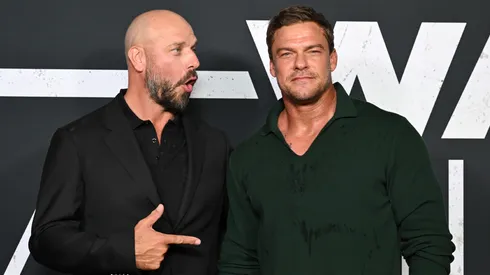 Patrick Hughes and Alan Ritchson attends the "War Machine" Australian Premiere at HOYTS Melbourne Central.