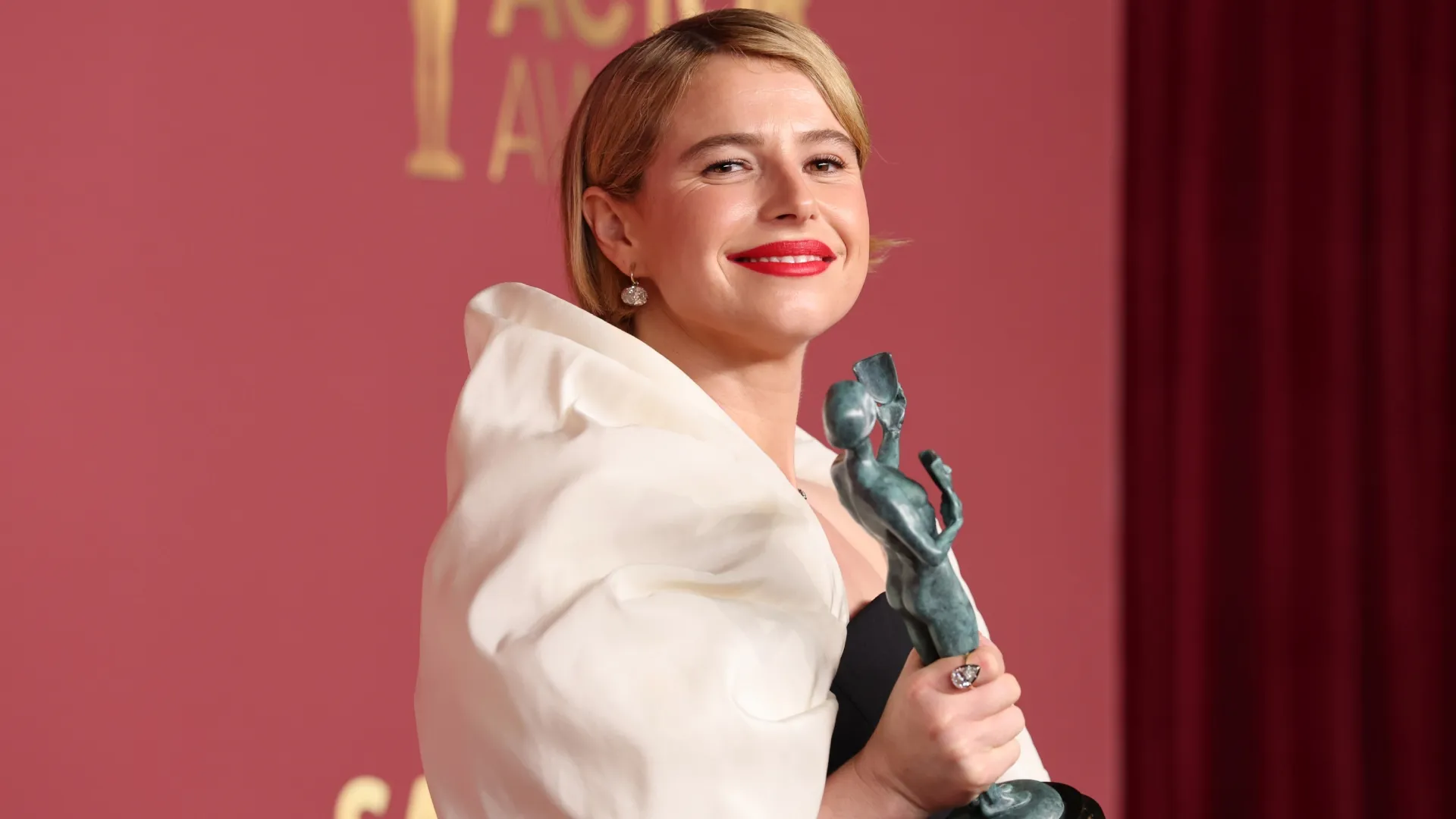 Jessie Buckley, winner of the Outstanding Performance by a Female Actor in a Leading Role award for “Hamnet,” poses in the press room during the 32nd Annual Actor Awards at Shrine Auditorium and Expo Hall on March 01, 2026 in Los Angeles, California. (Photo by Amy Sussman/Getty Images)