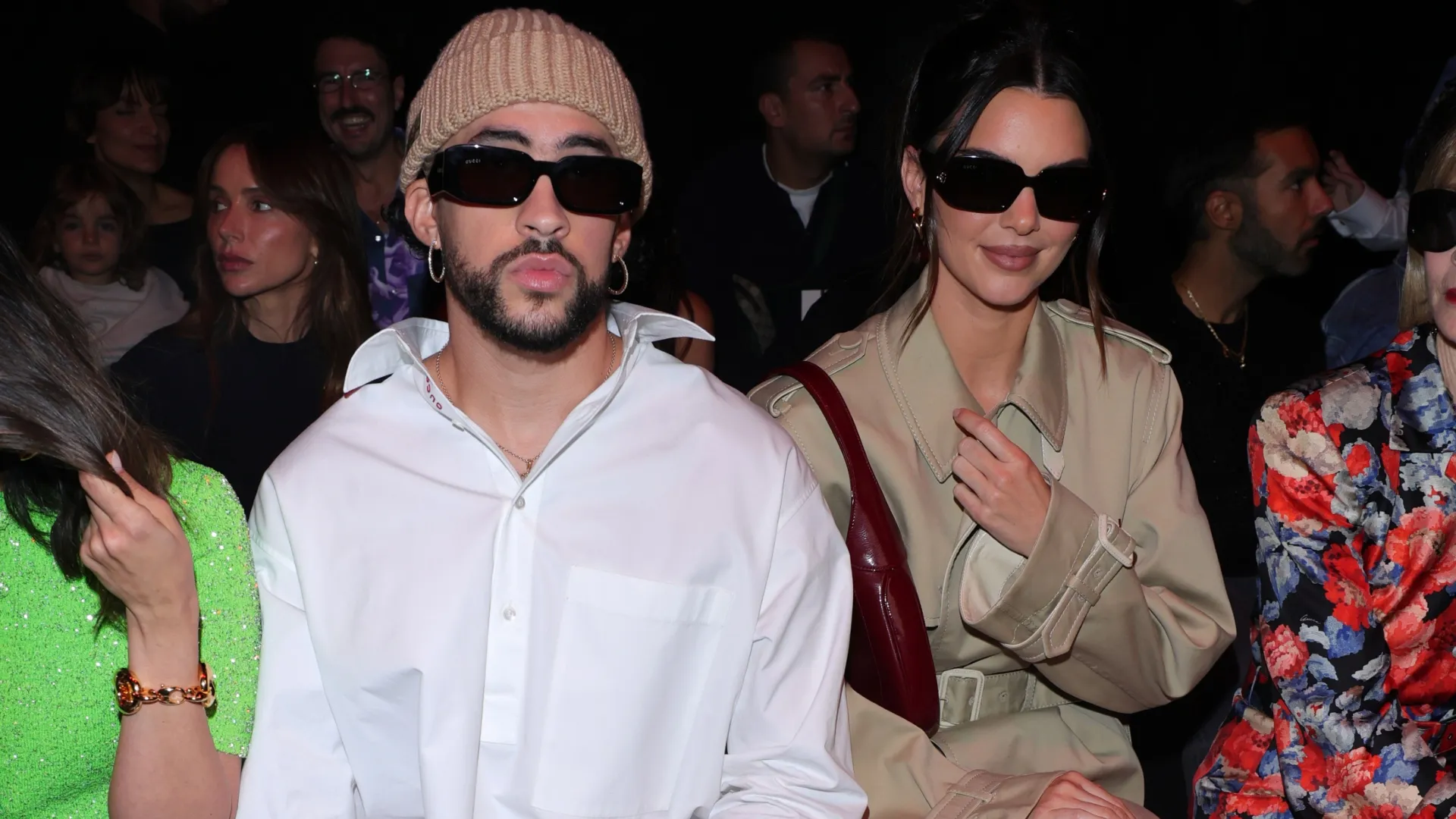 Bad Bunny and Kendall Jenner are seen at Gucci Ancora during Milan Fashion Week on September 22, 2023 in Milan, Italy. (Photo by Jacopo M. Raule/Getty Images for Gucci)
