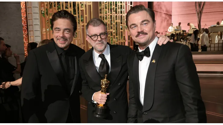 (L-R) Benicio del Toro, Paul Thomas Anderson and Lenardo DiCaprio pose after winning the award for Best Picture for "One Battle After Another" during the 98th Oscars at Dolby Theatre on March 15, 2026 in Hollywood, California.